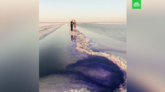 В Астраханской области для свадебной фотосессии покрасили озеро